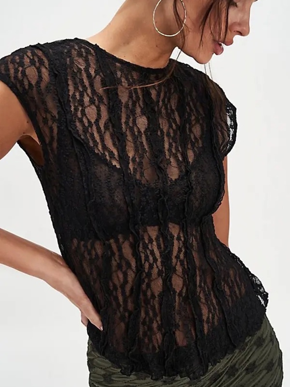 Free People Black Sheer Lace Cap-Sleeve Top (never worn)